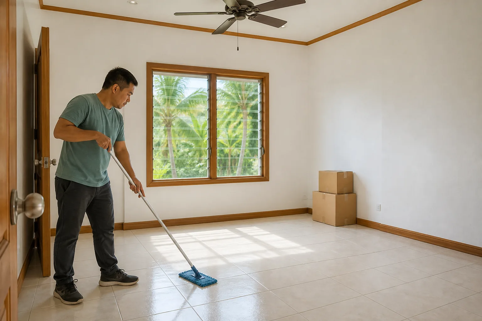 An illustrative local cleaner mopping an empty Bohol room before move-in